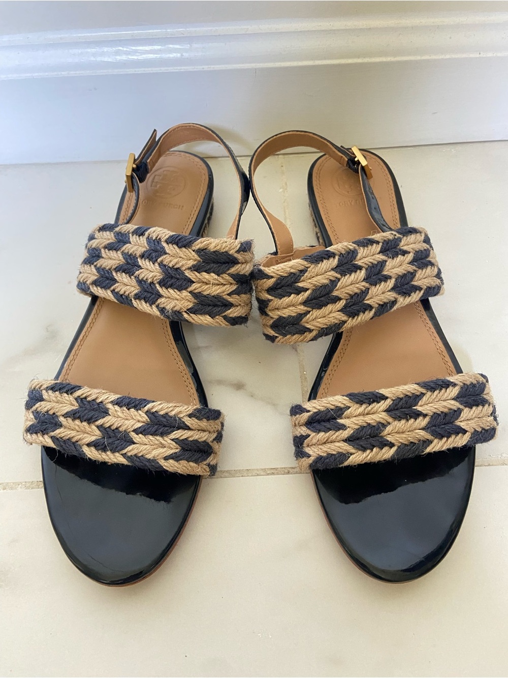 Toryburch Braided Rope Double-Strap Black & Tan Slingback Sandals
